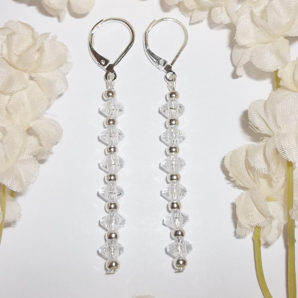 Long Earring Set Clear & Silver Beaded Drop Sleek Dangle Drop Gift Idea 4638 - Picture 2 of 7